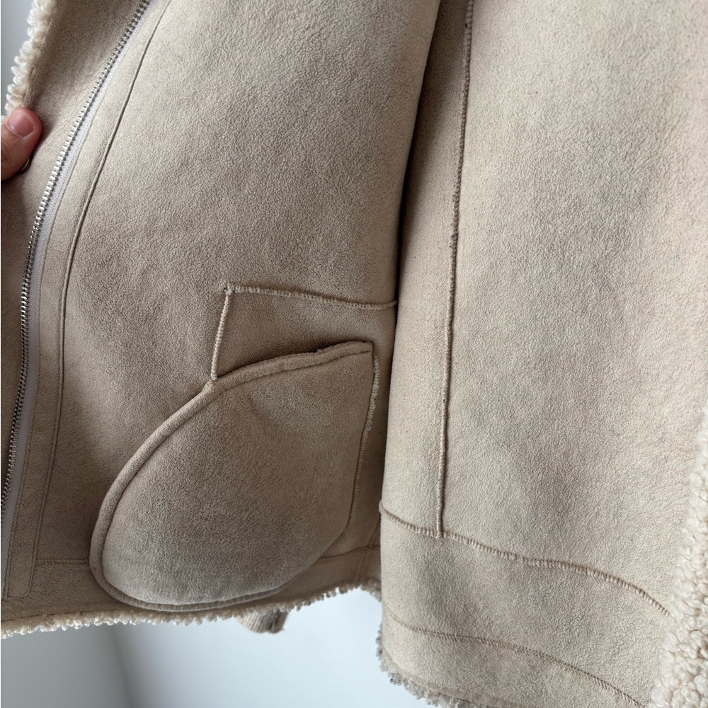 SEIFINI cropped Sherpa Teddy Jacket XS Beige Cozy Hooded Zip Snap Fleece Soft - Picture 10 of 13